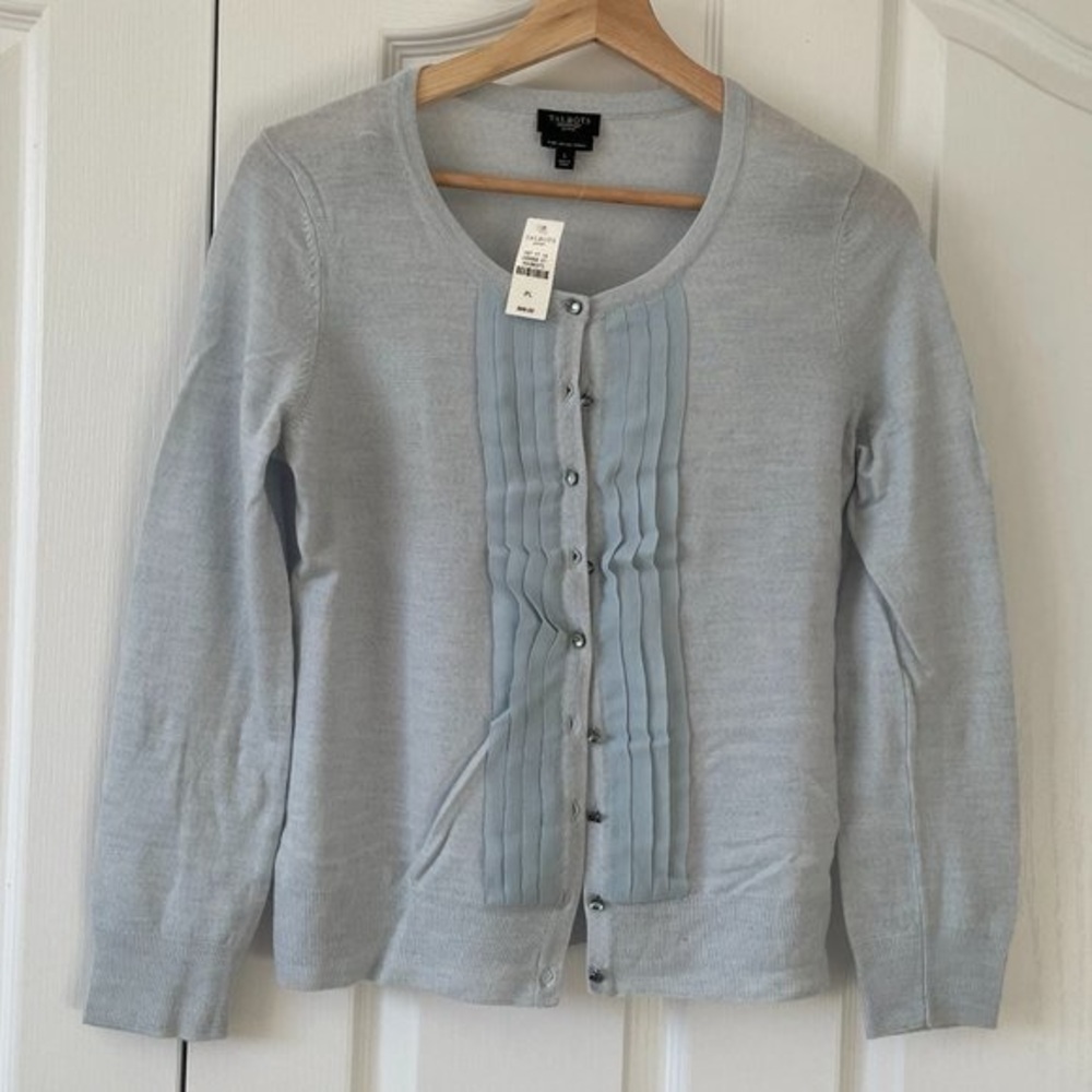 NWOT Talbots Wool Cardigan Knit Sweater. Light Blue. Embellished Buttons. M Pet.